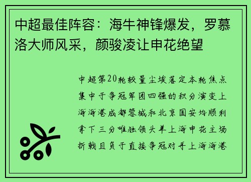 中超最佳阵容：海牛神锋爆发，罗慕洛大师风采，颜骏凌让申花绝望